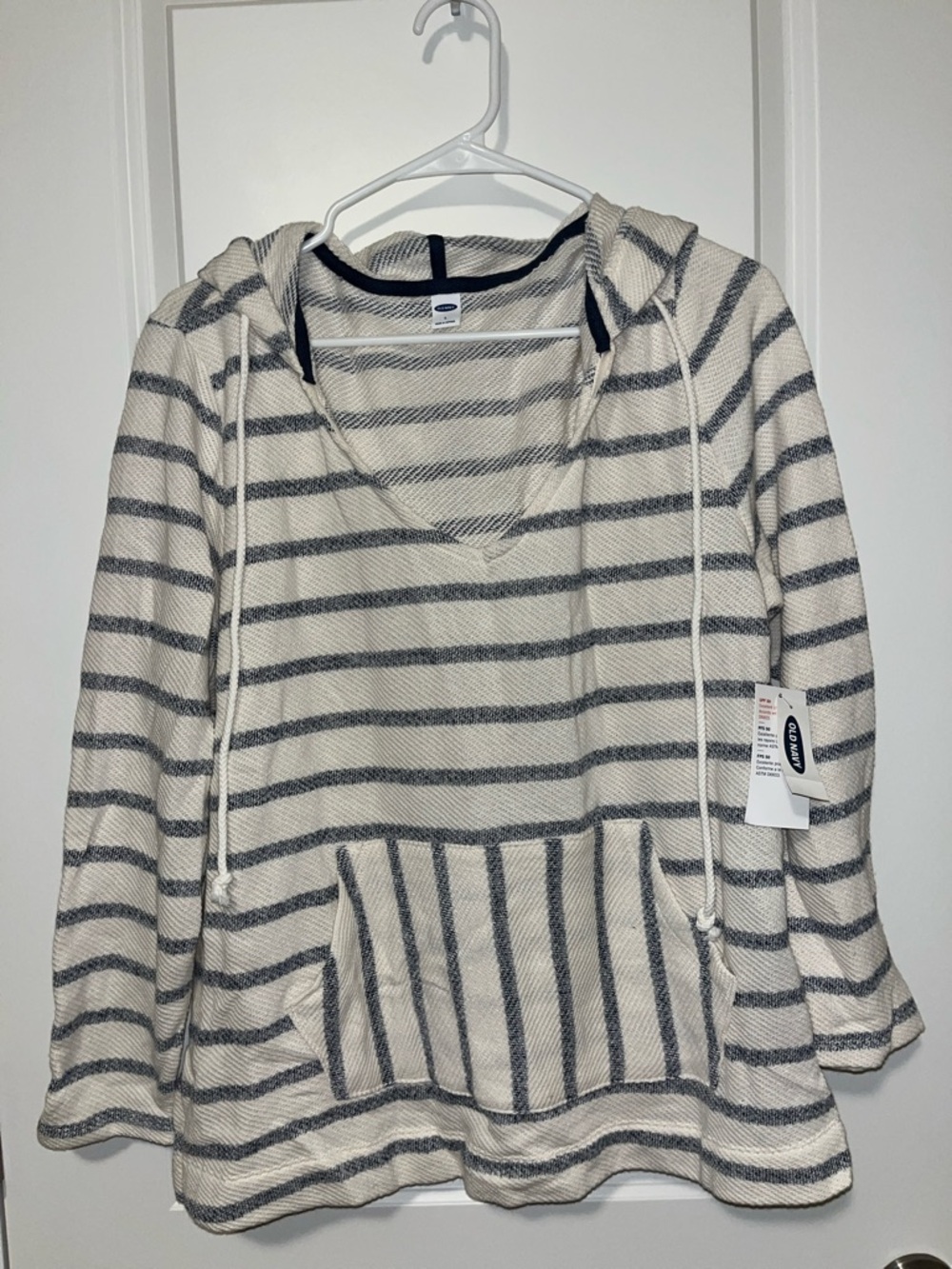Old Navy Cream and Gray Striped Hooded Pullover Sweatshirt